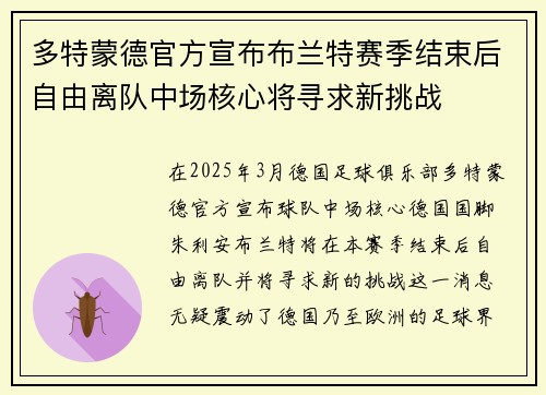 多特蒙德官方宣布布兰特赛季结束后自由离队中场核心将寻求新挑战